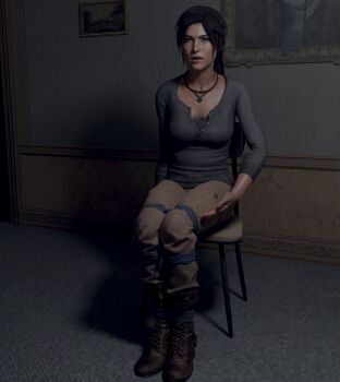 1girl 3d bdsm bondage bound bound_ankles bound_legs breasts brown_eyes brown_hair chair highres jewelry lara_croft necklace rope sitting skvrwiel tomb_raider