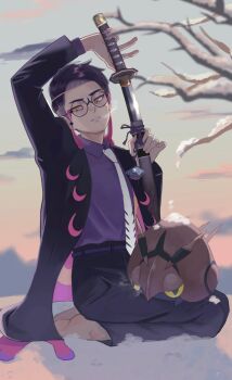 1boy akataniro barefoot black-framed_eyewear black_hair black_jacket black_pants breath bug centipede collared_shirt colored_sclera corbeau_(pokemon) eyewear_strap gen_5_pokemon glasses hashtag-only_commentary highres holding holding_sword holding_weapon jacket katana long_sleeves looking_at_viewer male_focus mega_stone necktie nintendo open_clothes open_jacket outdoors pants parted_hair parted_lips pokemon pokemon_(creature) pokemon_legends:_z-a purple_hair purple_shirt round_eyewear seiza shirt short_hair short_sideburns sideburns sitting snow sword tree undercut venipede weapon white_necktie yellow_eyes yellow_sclera