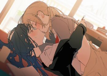 Rule 34 | 2girls, absurdres, artist name, azusawa kohane, black hair, blonde hair, blurry, blurry background, blush, closed eyes, clothes lift, commentary, hand on another's neck, highres, kiss, long hair, long sleeves, lying on person, medium hair, multiple girls, project sekai, red eyes, removing bra, rexxxxder, shiraishi an, shirt lift, sweat, twintails, untranslatable commentary, yuri
