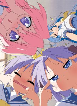2000s_(style) 4girls :o \n/ absurdres blue_hair blue_sailor_collar blush bow ceiling circle_formation closed_eyes copyright_name cover dot_nose dvd_cover from_below glasses grimace hair_bow hair_ribbon hands_on_own_cheeks hands_on_own_face hands_up highres hiiragi_kagami hiiragi_tsukasa horiguchi_yukiko izumi_konata long_hair looking_at_viewer looking_down lucky_star making_faces midriff_peek multiple_girls neckerchief official_art parted_bangs perspective pink_hair purple_eyes purple_hair ribbon round_eyewear ryouou_school_uniform sailor_collar school_uniform serafuku short_hair short_sleeves smile standing straight_hair takara_miyuki tsurime v-shaped_eyebrows yellow_bow yellow_neckerchief