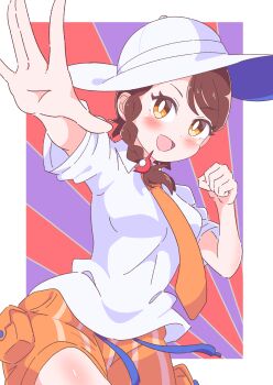 1girl :d absurdres blush braid bright_pupils brown_eyes brown_hair clenched_hand collared_shirt eyelashes happy hat highres juliana_(pokemon) mixed-language_commentary necktie nintendo open_mouth orange_necktie orange_shorts pokemon pokemon_sv shiny_skin shirt short_sleeves shorts smile solo striped_clothes striped_shorts tongue vertical-striped_clothes vertical-striped_shorts white_hat white_pupils white_shirt yuki_nagisaa