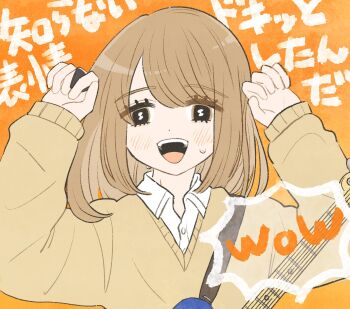 1boy :d blush brown_eyes brown_hair commentary_request crossdressing crossdressing_(mtf) electric_guitar futsuu_no_keion-bu guitar guitar_strap hands_up highres holding holding_plectrum instrument kon_o_o long_hair long_sleeves male_focus open_mouth orange_background plectrum smile solo sweat sweater swept_bangs takami_kouki translation_request trap upper_body yellow_sweater