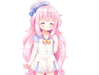 1girl ahoge blue_bow blue_sailor_collar blue_sleeves blush bow bowtie buttons closed_eyes closed_mouth cowboy_shot crossed_bangs dot_nose dress game_cg hand_up harem_futago_lolita hat hat_bow large_variant_set long_hair non-web_source pink_hair sailor_collar sailor_dress short_dress short_sleeves simple_background smile solo standing striped_bow tachi-e tomari_(harem_futago_lolita) transparent_background usashiro_mani variant_set white_dress white_hat yellow_bow yellow_bowtie