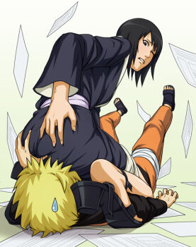 Rule 34 | 1boy, 1girl, ass, ass grab, black eyes, black hair, blonde hair, from behind, groping, hetero, japanese clothes, looking back, lying, naruto (classic), naruto (series), on back, papers, shizune (naruto), short hair, sitting, sitting on face, sitting on person, sweat, sweatdrop, tk (tk's level4), uzumaki naruto, wince