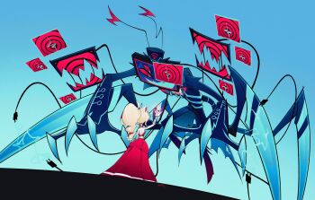 1boy 1girl blonde_hair charlie_morningstar claws electric_plug formal_clothes hazbin_hotel hellaverse highres key leaning_in multiple_limbs ponytail suit television torn_clothes vox_(hazbin_hotel) wire yaky