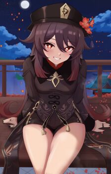 1girl absurdres arm_support black_choker black_hat black_nails black_shorts breasts brown_hair choker cloud commentary cowboy_shot english_commentary flower-shaped_pupils full_moon genshin_impact grin hat highres hu_tao_(genshin_impact) long_sleeves looking_at_viewer moon night red_eyes short_shorts shorts sitting small_breasts smile solo string_rafart symbol-shaped_pupils thighs