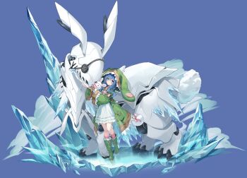 1girl :o absurdres animal_hood artist_request azur_lane blue_eyes blue_hair boots coat date_a_live dragon dress frilled_dress frills full_body green_boots green_coat hair_between_eyes highres himekawa_yoshino himekawa_yoshino_(spirit) hood hood_up long_hair long_sleeves looking_at_viewer non-web_source official_art pink_socks pom_pom_(clothes) rigging socks solo white_dress yoshinon zadkiel_(date_a_live)