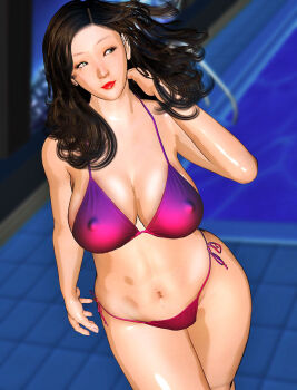 1girl bikini black_hair breasts cleavage covered_erect_nipples curvy kill_the_king large_breasts lips long_hair mature_female navel pool side-tie_bikini_bottom solo swimsuit