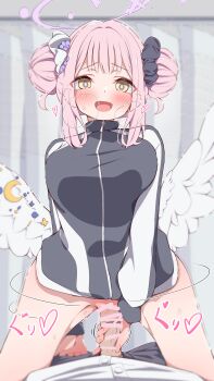 1boy 1girl absurdres bar_censor blue_archive blush bottomless censored commentary_request double_bun hair_bun halo highres indoors looking_at_viewer mika_(blue_archive) open_mouth pink_hair pink_halo pov rarigo sensei_(blue_archive) sex solo_focus vaginal yellow_eyes