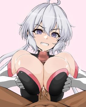 1boy 1girl ahoge black_leotard breasts censored cleavage commission elbow_gloves gloves grin hair_between_eyes highres large_breasts large_variant_set leotard light_blush long_hair looking_at_viewer mosaic_censoring motion_lines open_mouth paizuri penis pink_background pixiv_commission precum purple_eyes senki_zesshou_symphogear simple_background smile tarabaganioisii teeth twintails undersuit variant_set veins veiny_penis very_long_hair white_gloves white_hair yukine_chris