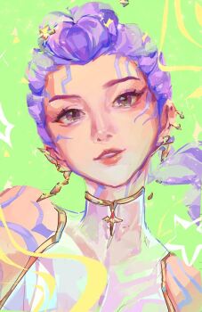 1girl bare_shoulders body_markings braid braided_ponytail brown_eyes commentary earrings english_commentary eyeliner eyeshadow green_background jeunny jewelry kpop_demon_hunters makeup mascara purple_hair rumi_(kpop_demon_hunters) simple_background sleeveless solo sparkle turtleneck