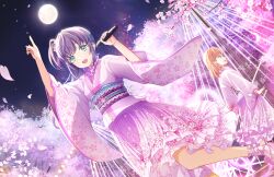 Rule 34 | 2girls, :d, aqua eyes, cherry blossoms, cross-laced footwear, dutch angle, falling petals, floral print kimono, flower, foot out of frame, frilled skirt, frilled socks, frills, full moon, game cg, green eyes, hair bun, hair flower, hair ornament, high heels, highres, hinoshita kaho, holding, holding microphone, index finger raised, japanese clothes, kimono, lace-trimmed sash, leg up, lens flare, link! like! love live!, long hair, looking at viewer, love live!, medium hair, microphone, moon, multiple girls, night, obi, official art, open mouth, orange hair, otomune kozue, ouka ranman (love live!), petals, pink footwear, pink kimono, pink petals, pink skirt, pointing, pointing up, purple hair, purple sash, sash, short kimono, side ponytail, sidelocks, sideways mouth, single side bun, skirt, smile, socks, solo focus, teeth, third-party source, two side up, upper teeth only, virtual youtuber, white socks, wide sleeves