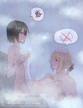 2girls black_hair blonde_hair blue_eyes blush breast_press breasts commentary_request hair_bun hair_up kamikoshi_sorawo kgr_1622 large_breasts looking_at_another multiple_girls naked_towel nishina_toriko onsen purple_eyes revision same-sex_bathing shared_bathing short_hair smile spoken_squiggle squiggle steam sweat towel urasekai_picnic yuri