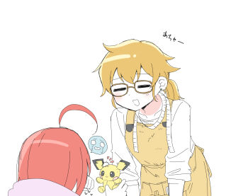 Rule 34 | 2girls, = =, ahoge, apron, brown-framed eyewear, brown hair, chan mama, closed eyes, commentary request, crying, earrings, gen 2 pokemon, glasses, harumi (pokemon), highres, holding, holding stuffed toy, jewelry, long hair, mother and daughter, multiple girls, nao (70 pocky), nintendo, open mouth, pichu, pokemon, pokemon kids tv, ponytail, red hair, shirt, simple background, smile, spoken expression, stuffed animal, stuffed toy, stuffing, tape measure, tears, translation request, white background, white shirt, yellow apron