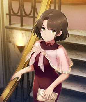 1girl bag banister breasts brown_bag brown_hair cowboy_shot dress formal_clothes game_cg green_eyes hand_on_railing handbag hashima_ema holding holding_bag indoors looking_at_viewer medium_breasts official_art pink_shawl railing red_dress see-through_clothes see-through_shawl shawl short_hair sidelocks sleeveless sleeveless_dress solo stairs third-party_source toji_no_miko toji_no_miko:_kizamishi_issen_no_tomoshibi wall_lamp