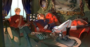 2boys aiguillette axis_powers_hetalia blonde_hair blue_eyes blue_jacket boots chair chessboard commentary couch crossed_legs cup curtains facial_hair france_(hetalia) gloves goatee_stubble green_eyes high_collar highres indoors jacket long_sleeves lying male_focus medium_hair military_jacket military_uniform multiple_boys on_back on_chair on_couch painting_(object) pants red_jacket red_sash sash saucer short_hair sitting stubble symbol-only_commentary table teacup teapot thick_eyebrows united_kingdom_(hetalia) white_sash window zayats