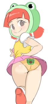 1girl animal_hat animal_print artist_request ass back-print_panties blush brown_eyes chibi-robo! flower_print frog frog_hat frog_print from_behind green_hat grey_eyes hat jenny_sanderson loli looking_at_viewer looking_back low_twintails nintendo panties pink_skirt print_panties puffy_sleeves red_hair red_shoes shirt shoes short_hair short_sleeves skirt smile socks standing standing_on_one_leg twintails underwear vest white_background white_shirt white_sleeves white_socks wind wind_lift yellow_panties yellow_vest