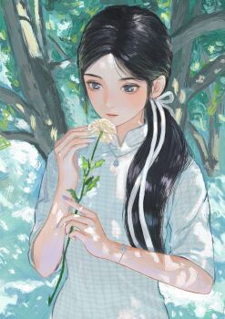 1girl absurdres black_eyes black_hair blue_eyes blue_nails china_dress chinese_clothes day dress flower grey_eyes hair_over_shoulder hair_ribbon hashtag-only_commentary highres holding holding_flower jewelry long_hair low_ponytail nail_polish necklace original outdoors ponytail ribbon shangguan_rushi shirt side_ponytail smile solo tree upper_body white_flower white_shirt