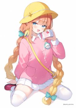 1girl alternate_costume ayamy blonde_hair blue_archive blue_eyes braid comiket_107 commentary_request drink_carton fang full_body hat head_wings highres long_hair looking_at_viewer low_twin_braids milk_carton no_halo official_artist_extra open_mouth orange_hair pink_shirt pink_shoes shimiko_(blue_archive) shirt shoes simple_background sitting skirt smile solo spilled_milk thighhighs twin_braids very_long_hair wariza white_background white_skirt white_thighhighs wings yellow_hat