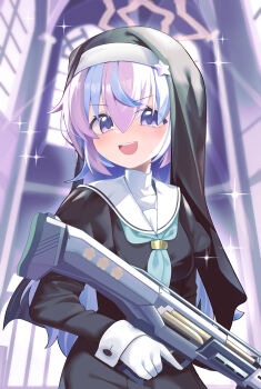 Rule 34 | 1girl, absurdres, black headdress, blue archive, blue eyes, blue neckerchief, blurry, blurry background, blush, commentary request, cran berrie, eyelashes, gloves, gun, halo, highres, holding, holding gun, holding weapon, indoors, long hair, long sleeves, multicolored hair, neckerchief, nun headdress, open mouth, purple eyes, purple hair, reisa (blue archive), sailor collar, smile, solo, sparkle, standard manufacturing dp-12, star halo, teeth, two-tone hair, upper teeth only, weapon, white gloves, white sailor collar