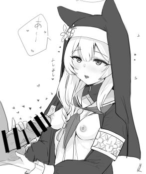 Rule 34 | 1boy, 1girl, animal ear headwear, bar censor, berserkert, blue archive, blush, breasts, censored, dress, fake animal ears, flower, greyscale, habit, hair between eyes, halo, handjob, hat, hat flower, heart, hetero, highres, holding, long hair, long sleeves, mari (blue archive), monochrome, neckerchief, nipples, open clothes, open dress, parted lips, penis, simple background, small breasts, solo focus