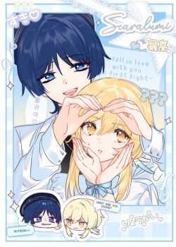 Rule 34 | 1boy, 1girl, alternate costume, behind another, beret, black hair, black hat, blonde hair, blue eyes, blue feathers, blue ribbon, blunt ends, bound, bound wrists, casual, cheek pull, choppy bangs, closed mouth, collared shirt, contemporary, english text, eyeliner, feather hair ornament, feathers, fingernails, frown, genshin impact, gold trim, hair between eyes, hair ornament, hands up, hat, heart, heart hands, heart hands duo, height difference, korean text, long sleeves, looking at viewer, lumine (genshin impact), makeup, naiah 504, official alternate costume, open hands, open mouth, parted lips, red eyeliner, ribbon, scaramouche (genshin impact), ship name, shirt, short hair, short hair with long locks, sidelocks, speech bubble, teeth, translation request, tsurime, upper teeth only, wanderer (genshin impact), wanderer (impression) (genshin impact), white mouth, white shirt, white sleeves, yellow eyes