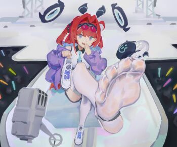 1girl absurdres aspirine4832 blue_eyes covering_own_mouth eyewear_on_head feet hand_over_own_mouth highres lishenna_(shadowverse) long_hair looking_at_viewer open_mouth red_hair see-through_clothes see-through_legwear shadowverse shoes soles thighhighs toes unworn_shoes white_thighhighs