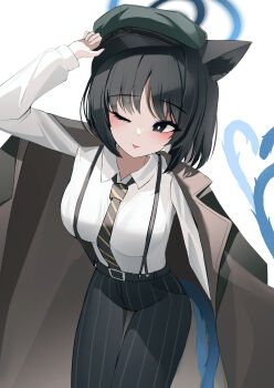 absurdres alternate_costume animal_ears black_hair black_necktie blue_archive blue_halo blue_tail cat_ears cat_girl cat_tail coat grey_coat grey_eyes halo highres hiromi_(blue_archive) kikyou_(blue_archive) lunar_(pixiv53683306) multiple_tails necktie one_eye_closed pants shirt striped_clothes striped_pants tail two-tone_necktie two_tails vertical-striped_clothes vertical-striped_pants white_shirt yellow_necktie