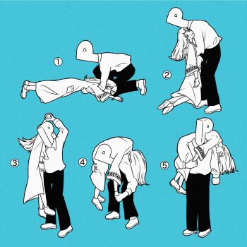 1boy 1girl bent_over carrying clenched_hand closed_eyes coat film_grain fireman's_carry gakuen_idolmaster greyscale_with_colored_background highres idolmaster kawa_li_mono lifting_person long_hair long_sleeves lying on_stomach open_mouth p-head_producer pants producer_(idolmaster) sequential shinosawa_hiro shirt shoes short_shorts shorts squatting sweatdrop