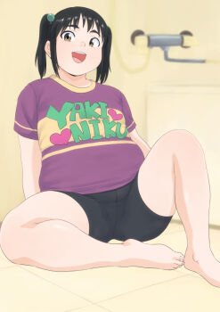Rule 34 | 1girl, :d, arm support, barefoot, bike shorts, black hair, black shorts, blurry, blurry background, brown eyes, commentary request, fat, hair bobbles, hair ornament, indoors, mizu kane, open mouth, original, purple shirt, shirt, short twintails, shorts, sitting, smile, twintails