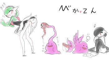 ._. 2girls against_wall alternate_color alternate_shiny_pokemon backless_dress backless_outfit black_dress black_eyes black_hair black_thighhighs blush bob_cut book closed_mouth colored_skin crossed_ankles ditto dress drooling embarrassed female_focus flat_chest flying_sweatdrops gardevoir gen_1_pokemon gen_3_pokemon green_hair green_skin hair_over_one_eye hands_on_own_knees hands_up happy heart highres japanese_text knees_up legs light_bulb long_tongue looking_at_another looking_back looking_down m3_(gardevoir_m3) maid monster multicolored_skin multiple_girls multiple_heads musical_note nervous nintendo no_feet no_panties nose_blush notice_lines one_eye_covered open_book open_mouth pokemon pokemon_(creature) pornography pussy_juice pussy_juice_drip raised_eyebrows red_eyes saliva sequential short_dress short_hair simple_background sitting sketch slime_(creature) smile suction_cups tentacles thighhighs tongue tongue_out translation_request two-tone_skin upskirt white_background white_skin wide-eyed