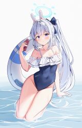 Rule 34 | 1girl, absurdres, animal ears, bare arms, bare legs, bare shoulders, black one-piece swimsuit, blue archive, blue halo, blush, breasts, casual one-piece swimsuit, cellphone, collarbone, covered navel, fake animal ears, frilled one-piece swimsuit, frills, gluteal fold, grey hair, groin, hair between eyes, halo, highres, holding, holding phone, innertube, long hair, miyako (blue archive), miyako (swimsuit) (blue archive), off-shoulder one-piece swimsuit, off shoulder, official alternate costume, one-piece swimsuit, open mouth, phone, ponytail, purple eyes, rabbit ears, small breasts, smartphone, sob (submar1089), solo, swim ring, swimsuit, water