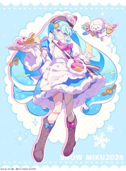 Rule 34 | 1girl, aqua background, asymmetrical legwear, blue bow, blue dress, blue eyes, blue hair, blue pantyhose, boots, bow, brown boots, brown hat, commentary request, cookie hair ornament, diagonal-striped pantyhose, double-parted bangs, dress, food-themed hair ornament, footwear bow, hair between eyes, hair ornament, hat, hatsune miku, highres, holding, holding key, key, long hair, long sleeves, looking at viewer, mismatched legwear, musical note-themed food, necktie, nise dorothia, open mouth, pantyhose, pink bow, pink necktie, pink pantyhose, rabbit, rabbit yukine, smile, striped clothes, striped pantyhose, vocaloid, white rabbit (animal), wide sleeves, yuki miku, yuki miku (2026)