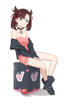 Rule 34 | 1girl, asymmetrical bangs, bare legs, bare shoulders, black boots, black choker, black hair, black jacket, boots, breasts, choker, cleavage, closed mouth, collarbone, dress, full body, green eyes, hair ribbon, hefxs, highres, jacket, looking at viewer, marnie (pokemon), medium breasts, nintendo, off-shoulder dress, off shoulder, pink dress, poke ball, poke ball (basic), pokemon, pokemon swsh, red ribbon, ribbon, short dress, sitting, solo, strapless, strapless dress, thighs, twintails, undercut