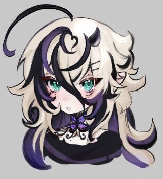 1girl ahoge aqua_eyes black_shirt black_streaks cloud_(lufaeris) commentary cropped_shoulders double-parted_bangs grey_background hair_between_eyes hair_ornament hairclip highres horns huge_ahoge long_hair looking_at_viewer mole mole_under_eye multicolored_hair original parallel_hairclips parted_lips shirt simple_background single_horn solo streaked_hair white_hair