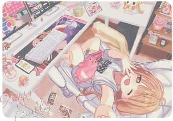 1girl barefoot brown_eyes cellphone chair computer_keyboard computer_mouse dated desk futaba_anzu gaming_chair idolmaster idolmaster_cinderella_girls indoors long_hair looking_at_viewer lying meisa office_chair on_back one_eye_closed open_mouth phone shirt shorts signature smartphone solo stuffed_animal stuffed_rabbit stuffed_toy swivel_chair t-shirt table white_shirt yawning