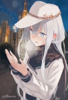 1girl artist_name belt black_belt black_sailor_collar black_scarf blue_eyes blue_sky blush breath building commentary_request crossed_bangs ear_blush evening flat_cap grey_hair hair_between_eyes hammer_and_sickle hands_up hat hat_ornament hibiki_(kancolle) highres jacket kantai_collection koshka_pic long_hair long_sleeves looking_at_hands open_mouth outdoors photo_background road sailor_collar scarf sky solo star_(symbol) star_hat_ornament street tree upper_body verniy_(kancolle) white_hat white_jacket