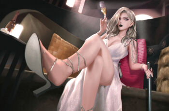 Rule 34 | 1girl, absurdres, alcohol, animal print, back holster, black lips, black shoes, blonde hair, blue eyes, bottle, breasts, bug, cane, cleavage, commentary request, crossed legs, cup, dress, drinking glass, earrings, flower, glitter dress, gun, hair ornament, hair over one eye, handgun, highres, holding, holding cane, holding cup, holstered, jewelry, langley (path to nowhere), large breasts, listen2me, orange pillow, path to nowhere, pillow, pink pillow, red nails, rose, shoes, sitting, spider, spider print, spider tattoo, tattoo, weapon, white dress, white flower, white rose, white wine, wine, wine bottle, wine glass