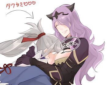 1boy 1girl arrow_(symbol) between_breasts blush breasts camilla_(fire_emblem) chignon cleavage closed_eyes face_between_breasts fire_emblem fire_emblem_fates hair_over_one_eye head_between_breasts heat hug large_breasts nintendo older_female_and_younger_male one_eye_covered purple_eyes simple_background speech_bubble sukima_(pixiv12253) takumi_(fire_emblem) tiara 隙間