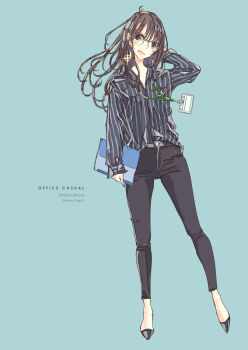 Rule 34 | 1girl, collared shirt, commentary request, earrings, folder, glasses, green background, highres, holding, holding folder, id card, jewelry, long hair, nail polish, original, shirt, shoes, simple background, skinny jeans, solo, striped clothes, sun (sunsun28)
