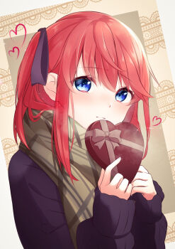 1girl absurdres blue_eyes blush box brown_scarf chocolate closed_mouth enpera gift hair_ribbon heart heart-shaped_box highres holding holding_box holding_gift long_hair long_sleeves looking_at_viewer nakano_nino one_side_up plaid_clothes plaid_scarf purple_sweater rain_re_a re:zero_kara_hajimeru_isekai_seikatsu red_hair ribbon scarf sleeves_past_wrists smile solo sweater theresia_van_astrea upper_body valentine