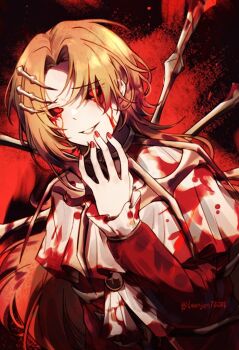 1girl artist_name blood blood_on_clothes blood_on_face bloody_tears bone brown_hair curtained_hair dress e.g.o_(project_moon) frilled_sleeves frills furrowed_brow hair_intakes hand_on_own_face laenjen78201 limbus_company long_hair looking_at_viewer ponytail project_moon red_background red_eyes red_nails red_sleeves rodion_(project_moon) roseate_desire_(e.g.o) smile solo upper_body very_long_hair white_dress