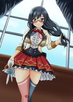 1girl absurdres black_hair bow braid breasts curtains dress feet_out_of_frame flower glasses gloves grey_eyes highres holding holding_flower indoors large_breasts long_hair looking_at_viewer love_live! love_live!_nijigasaki_high_school_idol_club marurumadoka red_bow smile solo standing thighhighs white_gloves wings yuki_setsuna