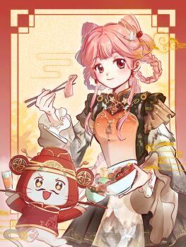 Rule 34 | 1girl, absurdres, animal, animal print, bird, bird hair ornament, bird print, black dress, border, bow-shaped hair, bowl, braid, braided hair rings, brown eyes, cat, chinese clothes, chinese commentary, chinese new year, chopsticks, closed mouth, clothed animal, collared dress, commentary request, cowboy shot, crane (animal), cup, dot nose, double bun, dress, drinking glass, eating, eyelashes, feather-trimmed sleeves, fingernails, food, frilled sleeves, frills, gradient clothes, hair bun, hair ornament, hair rings, hair tubes, happy, highres, holding, holding bowl, holding chopsticks, holding tray, holding with chopsticks, hotpot, infinity nikki, juice, layered sleeves, light blush, long hair, long sleeves, looking at viewer, mandarin collar, meat, momo (nikki), mountain print, mushroom, nikki (nikki), nikki (series), official alternate costume, orange juice, orange tabard, outside border, pink hair, pleated dress, print tabard, red border, short dress, short over long sleeves, short sleeves, sidelocks, single braid, smile, song beyond (infinity nikki), tabard, tofu, tray, very long hair, white cat, wide sleeves, xiangyun, yellow background, zhenzi jiang