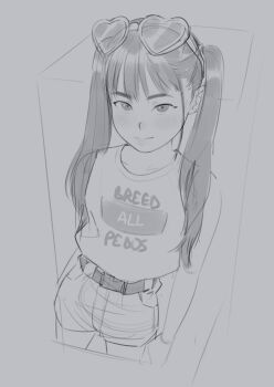 1girl arms_behind_back belt blush closed_mouth cowboy_shot eyewear_on_head grey_background greyscale heart heart-shaped_eyewear loli long_hair looking_at_viewer monochrome okymir original pedophile shirt short_shorts shorts simple_background sketch smile solo sunglasses twintails