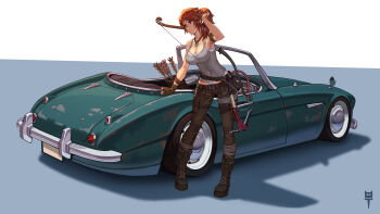 1girl absurdres arm_support arrow_(projectile) bare_shoulders black_boots black_pants boots bow breasts brown_gloves brown_hair camisole car cleavage closed_mouth collarbone commentary fingerless_gloves gloves green_car grey_camisole highres ice_axe lace-up_boots lara_croft long_hair looking_away medium_breasts motor_vehicle pants purple_eyes quiver shadow single_fingerless_glove single_glove solo standing tomb_raider tomb_raider_(reboot) vehicle_focus vehicle_request white_background zhanghan