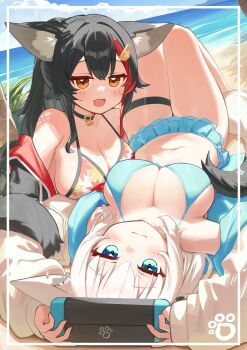 2girls :3 :d absurdres ahoge animal_collar animal_ear_fluff animal_ears aqua_eyes barefoot beach bikini bikini_skirt black_collar black_hair black_jacket blue_bikini blue_skirt blue_sky breasts cleavage closed_mouth cloud collar commentary_request day deaver double-parted_bangs fox_ears fox_girl fox_tail front-tie_bikini_top front-tie_top hair_between_eyes hair_ornament hairclip handheld_game_console highres holding holding_handheld_game_console hololive hood hooded_jacket inset_border jacket knees_up large_breasts leaf_print long_hair looking_at_viewer lying multicolored_hair multiple_girls navel official_alternate_costume on_back ookami_mio ookami_mio_(hololive_summer_2019) open_mouth outdoors ponytail print_bikini red_hair shirakami_fubuki shirakami_fubuki_(hololive_summer_2019) sidelocks skirt sky smile stomach streaked_hair swimsuit tail thigh_strap two-sided_fabric two-sided_jacket virtual_youtuber white_bikini white_hair white_jacket wolf_ears wolf_girl yellow_eyes