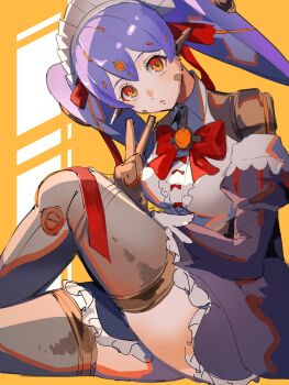 Rule 34 | 1girl, 4me3ba niku, black dress, black thighlet, breasts, dress, highres, large breasts, long hair, maid, orange background, poppi (xenoblade), poppi qt (xenoblade), purple hair, red eyes, sitting, solo, thighs, twintails, v, xenoblade chronicles (series), xenoblade chronicles 2