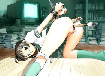1girl anal bar_censor bdsm black_eyes black_hair bondage book bound bound_wrists calligraphy_brush censored chain computer computer_keyboard female_focus hanainu_(orange_bullet) mechanical_pencil multiple_insertions object_insertion paintbrush panties panties_around_leg panty_pull pencil school_uniform serafuku socks solo top-down_bottom-up underwear vaginal vaginal_object_insertion white_panties