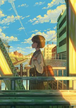 1girl bag bag_charm black_hair black_sailor_collar black_skirt blue_sky building canal charm_(object) city cloud commentary_request contrail evening guard_rail highres long_sleeves neckerchief original outdoors pasoputi railing red_neckerchief sailor_collar scenery school_bag school_uniform shirt short_hair skirt sky solo stairs standing truss_bridge vanishing_point white_shirt